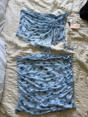 SHEIN Light Blue Floral Ruched Two-Piece Skirt Set